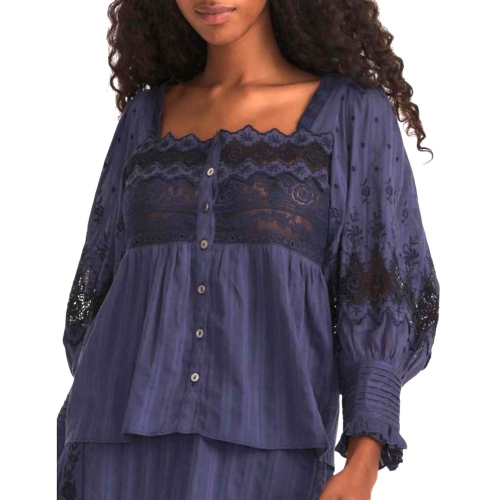 LoveShackFancy Anorette Blouse M Blue Embroidered Puff Sleeve Lace Cottage Boho